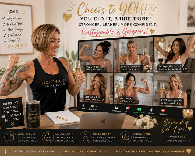 Smiling female wellness coach in a home studio raises a champagne glass and flexes while celebrating with a virtual bridal-fitness group on a video call — success messages about weight loss, muscle gain, dress-ready goals, and motivational icons visible.