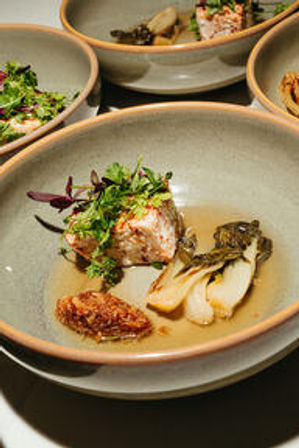 Fine-dining bowl with seared fish fillet topped with microgreens, braised greens and sliced mushrooms, plus a crispy croquette in a light broth.