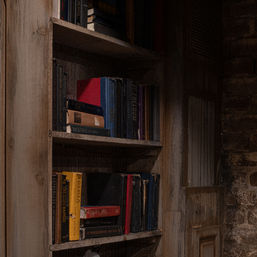 Moody close-up of a rustic wooden bookshelf filled with worn, colorful hardcover books beside an exposed brick wall — cozy vintage reading nook.