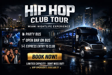 Hip Hop Club Tour poster: sleek party bus at night with Miami skyline, DJ booth and smiling clubgoers insets, promoting party bus, open bar on bus and express club entry — book now for Miami nightlife