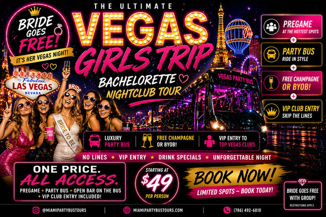 Neon Las Vegas bachelorette girls‑trip poster featuring a bride‑to‑be and four friends in sunglasses, a glowing 'VEGAS' marquee, Eiffel Tower replica, pink-lit party bus, champagne and icons for nightclub tour, VIP club entry, and booking info (starting at $49).