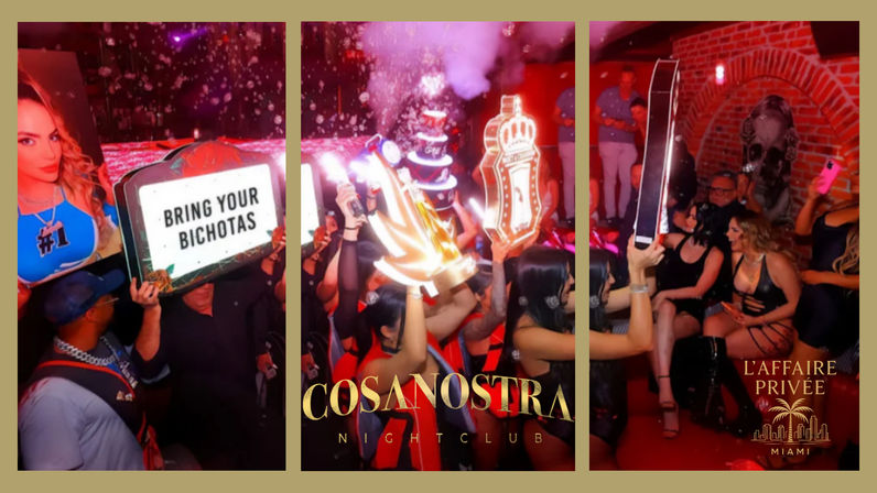 Triptych of a Miami nightclub VIP party: crowded booth with guests in clubwear, champagne bottle service and lit sparklers, neon bottle-shaped props, confetti and smoke for an energetic nightlife vibe.