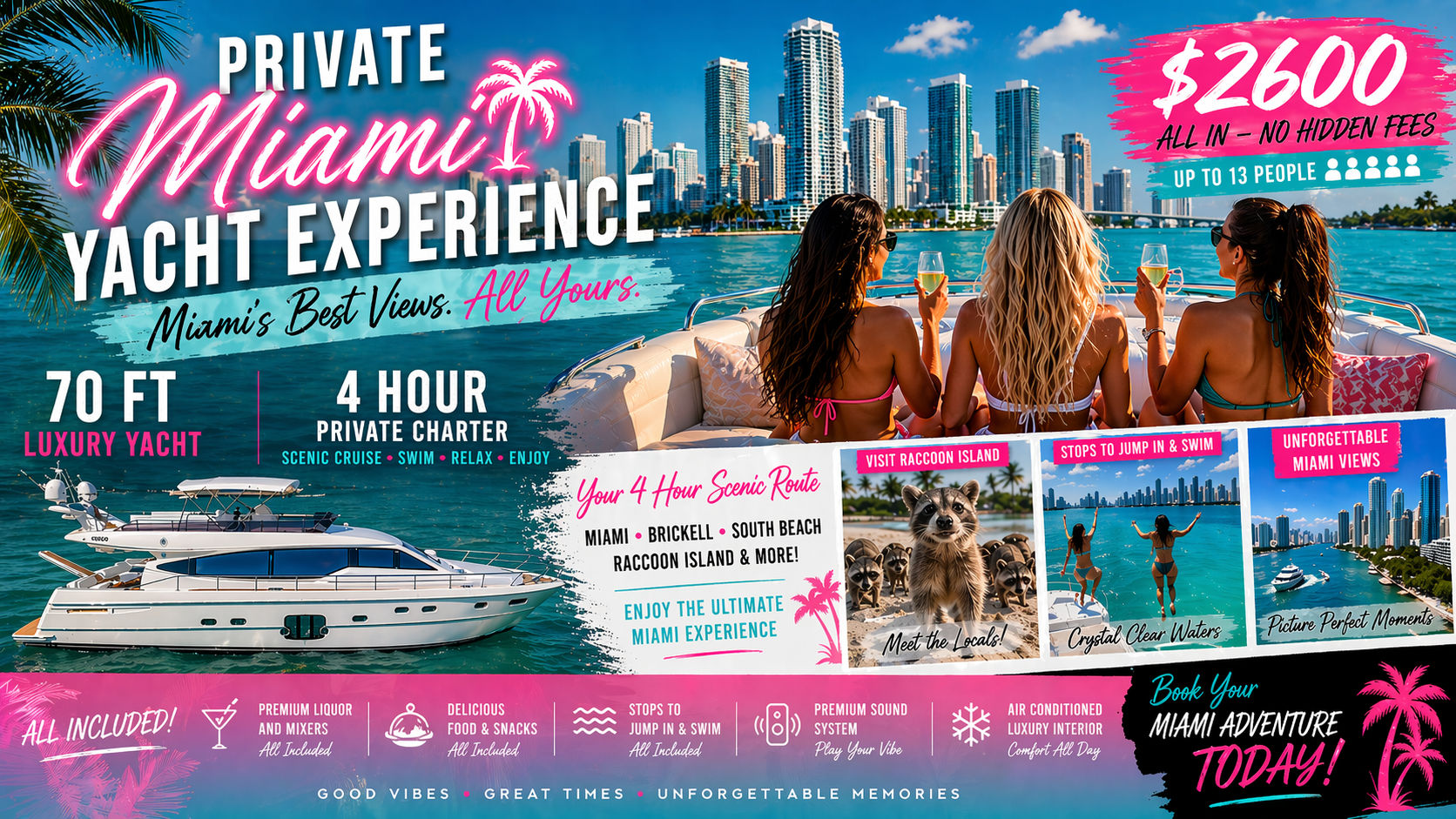 Vibrant Miami yacht ad showing three people sipping drinks on a luxury 70‑ft yacht with turquoise waters and the Miami skyline, promoting a 4‑hour private charter.