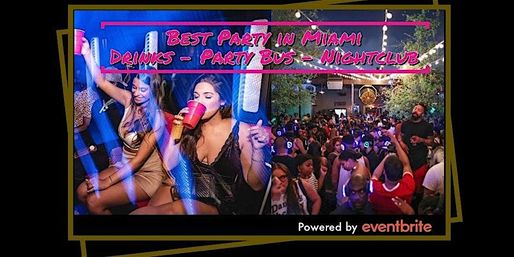 Miami party scene: women sipping red cups inside a party bus and a packed outdoor nightclub crowd dancing under neon and string lights with a promotional banner overhead.