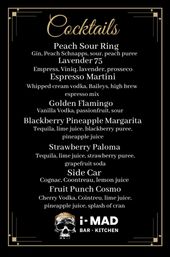 Black-and-gold art-deco cocktail menu poster listing eight drinks with ingredients — Peach Sour Ring, Lavender 75, Espresso Martini, Golden Flamingo, Blackberry Pineapple Margarita, Strawberry Paloma, Side Car, Fruit Punch Cosmo — decorative skull emblem at the bottom.