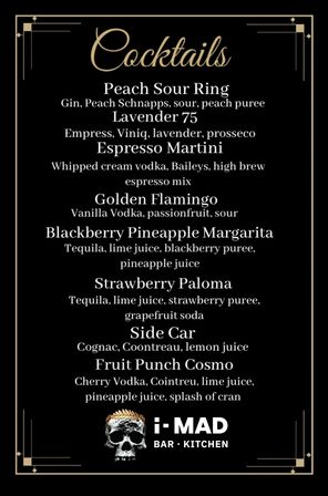 Black-and-gold art-deco cocktail menu poster listing eight drinks with ingredients — Peach Sour Ring, Lavender 75, Espresso Martini, Golden Flamingo, Blackberry Pineapple Margarita, Strawberry Paloma, Side Car, Fruit Punch Cosmo — decorative skull emblem at the bottom.