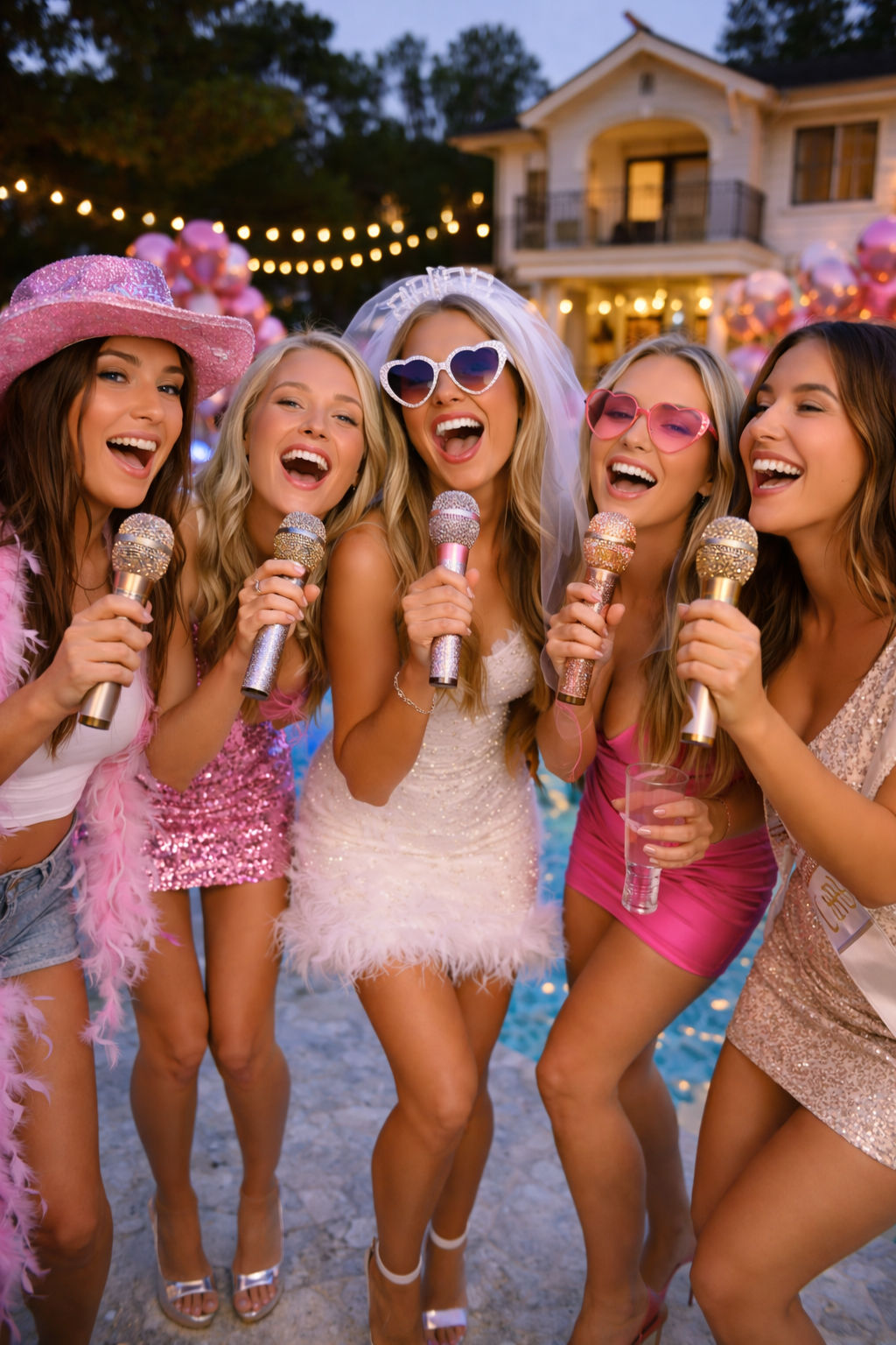 Five women laughing and singing at a backyard bachelorette pool party at dusk, bride-to-be in a veil and heart sunglasses center stage with friends in pink and glitter holding sparkling microphones, string lights and balloons in front of a house.
