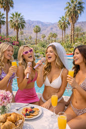 Bachelorette pool party at a palm-lined resort: four friends in swimsuits, bride-to-be wearing a veil singing into a sparkly microphone while others toast with mimosas and brunch on the table.