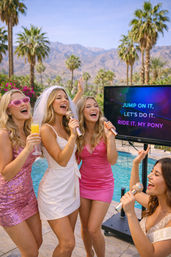 Poolside bachelorette karaoke: bride in a veil and friends in pink dresses singing with glitter microphones by a pool, palm trees and mountains in the background.