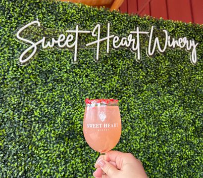 Hand holding a pink rosé cocktail in a stemmed wine glass with a red fruit rim, posed against a lush green hedge photo wall and neon script sign at an outdoor winery patio.