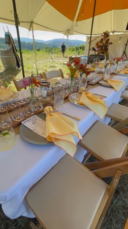 Sunlit tented al fresco table in a mountain meadow, rustic long table set with yellow napkins, crystal glassware and small flower vases, a guitarist performing and rolling green hills in the background.