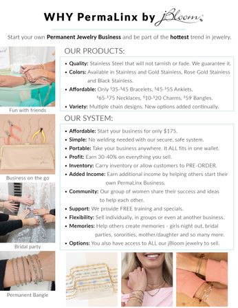 Promotional flyer for starting a permanent jewelry business with bullet-point lists of products, pricing and system benefits, plus photos of hands fitting bracelets, tools and a travel pouch, a bridal-party fitting, and close-up shots of bracelets and layered necklaces.