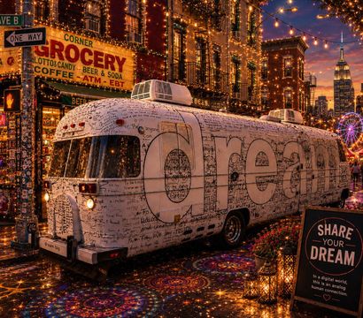 Dusk urban street corner aglow with string lights, a hand‑scrawled white vintage camper emblazoned with the word dream, a lit corner grocery, ferris wheel and city skyline in the background, and a chalkboard sign inviting passersby to share their dream.