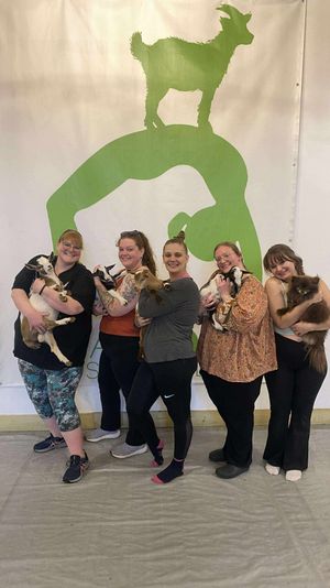 Five people holding small goats and a fluffy dog in front of a large green goat silhouette on an indoor studio wall, playful goat-yoga or petting session vibe.