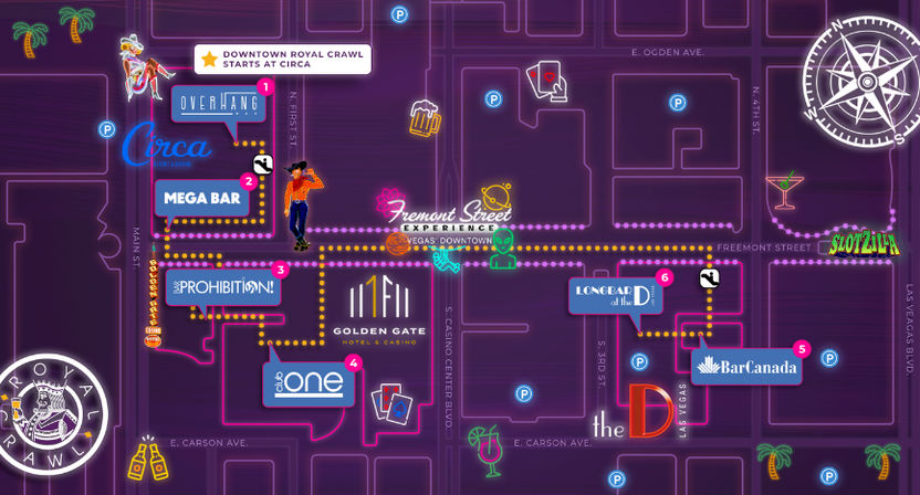 Neon-style map of downtown Las Vegas Fremont Street showing a guided bar-crawl route with cocktail and playing-card icons, parking markers, neon signs, and a compass.
