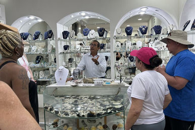 Shopkeeper animatedly explaining pieces to a small group of shoppers inside a bright jewelry boutique, glass cases filled with necklaces, rings and a shell-filled display counter.