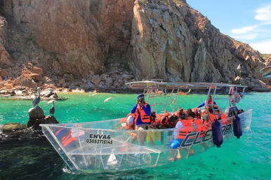 Transparent-hull tour boat with passengers in orange life jackets cruising turquoise water near a rocky coastline cove with pelicans perched on a rock.