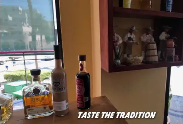 Three bottles of Mexican spirits on a wooden bar counter by a sunlit window overlooking a seaside street, a shelf with folkloric figurines, and the text overlay "TASTE THE TRADITION".