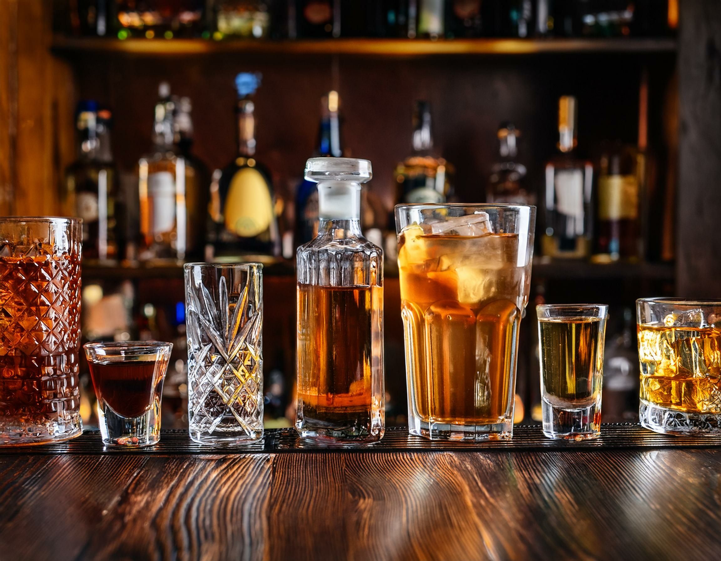 Assorted whiskey glasses, shots and an ice-filled cocktail lined up on a wooden bar counter with blurred liquor bottles on the back bar — a cheers-ready lineup.