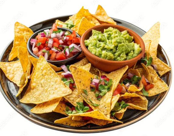Mexican-style nachos: crispy tortilla chips piled on a black plate with a bowl of creamy guacamole and a bowl of fresh pico de gallo (diced tomatoes, red onion, cilantro) — colorful appetizer