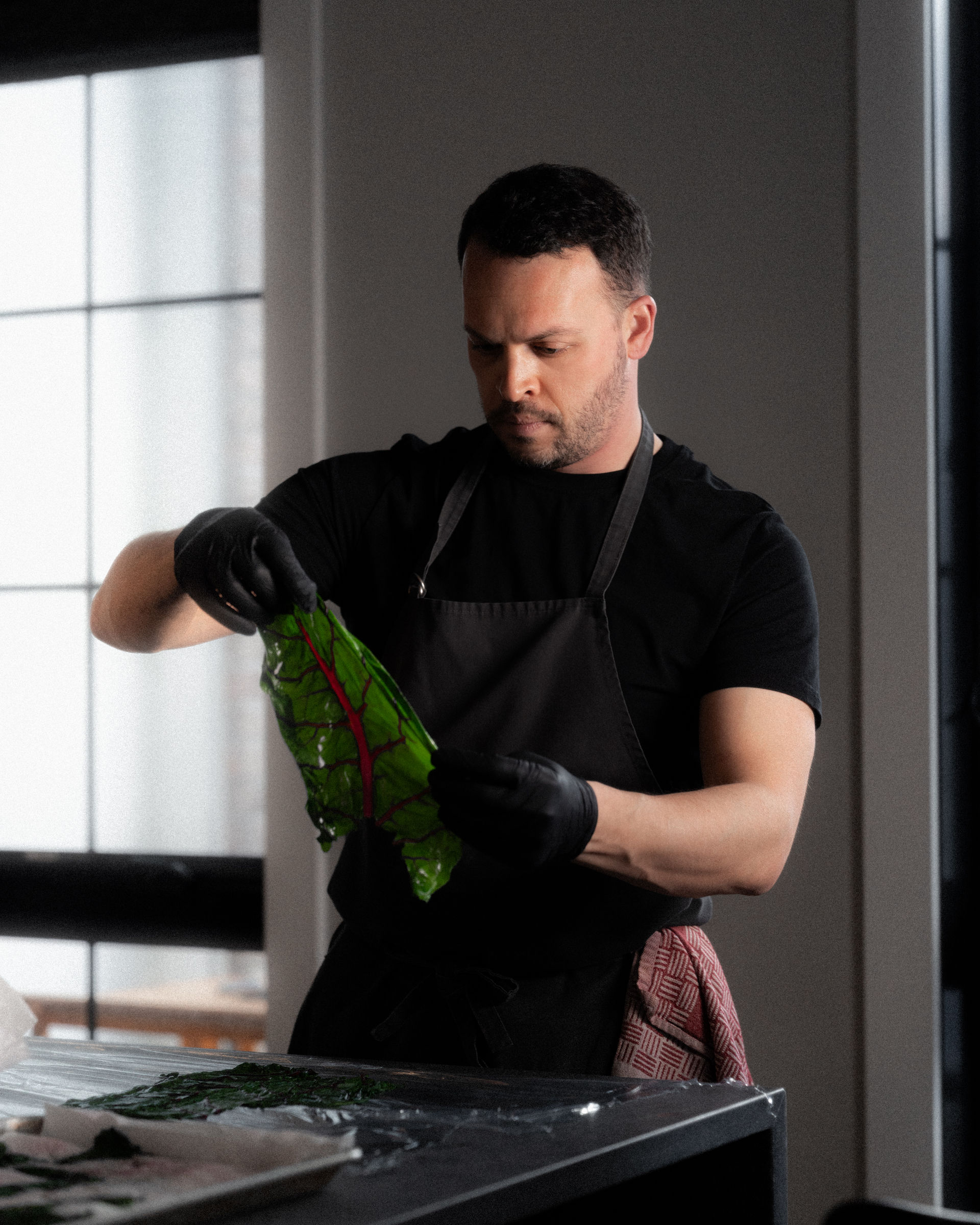 Chef in black apron and gloves carefully inspecting a vibrant green Swiss chard leaf with red veins over a prep counter in a modern kitchen