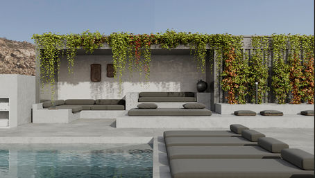 Minimalist modern poolside lounge with concrete terraces, gray cushioned daybeds, hanging green vines and a shaded pergola set against a rocky hillside.