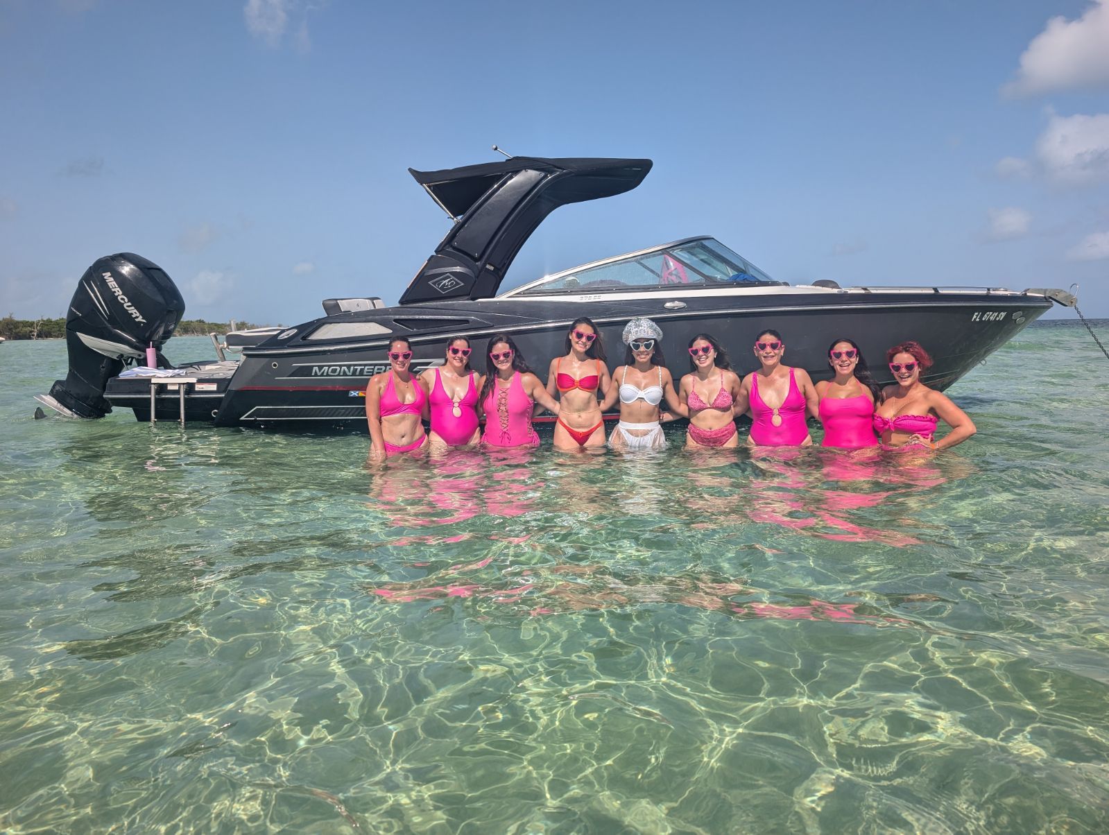 Group of women in pink swimsuits and sunglasses posing waist‑deep in clear turquoise shallow water beside a sleek black motorboat under a sunny blue sky.