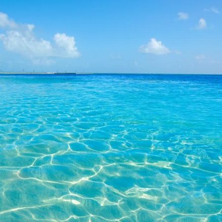 Crystal-clear turquoise tropical sea with sunlit rippling water, distant horizon and bright blue sky dotted with fluffy clouds