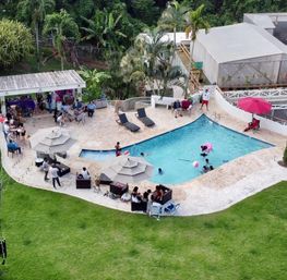 Aerial view of a tropical backyard pool party with people swimming on inflatables, beach balls, lounge chairs and umbrellas on a stone patio, surrounded by palm trees and a green lawn.