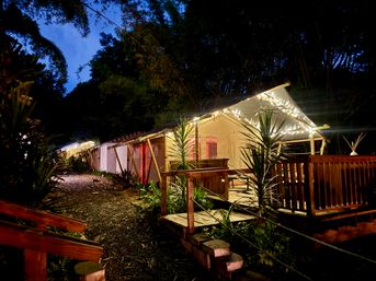 Twilight glamping tents with string lights on wooden decks along a jungle path, surrounded by palms and lush foliage