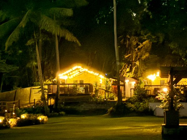 Tropical bungalow cottages glowing with warm string lights at night, nestled among palm trees and landscaped lawn for a cozy island getaway