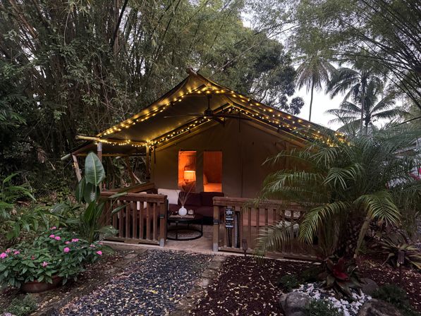 Cozy glamping canvas tent patio aglow with string lights and a warm lamp inside, nestled in a tropical garden with palm trees and a stone path.