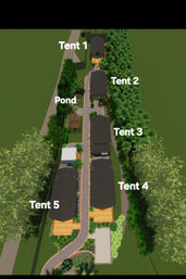 Top-down aerial view of a glamping site layout showing five labeled tent cabins (Tent 1–5) along a central paved path, a small pond, wooden decks, and dense tropical landscaping.