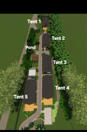 Top-down aerial view of a glamping site layout showing five labeled tent cabins (Tent 1–5) along a central paved path, a small pond, wooden decks, and dense tropical landscaping.