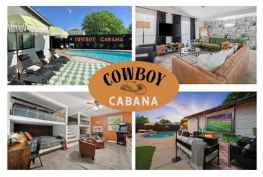 Collage of a cowboy‑themed vacation rental: backyard pool with loungers, outdoor TV and firepit patio, modern living room, and a playful bunk bedroom.