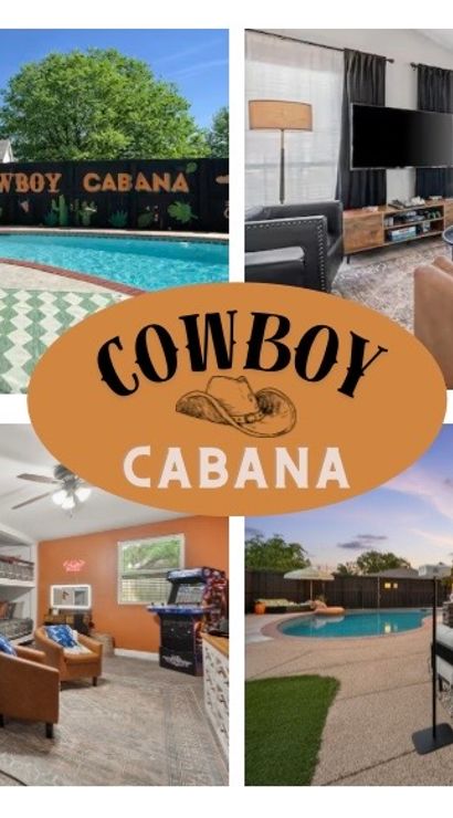 Collage of a cowboy‑themed vacation rental: backyard pool with loungers, outdoor TV and firepit patio, modern living room, and a playful bunk bedroom.