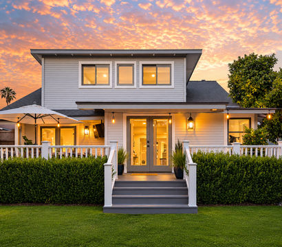 Charming modern two-story home at sunset with glowing porch lights and string bulbs, white railing, patio umbrella, French doors, and a manicured lawn with hedges.