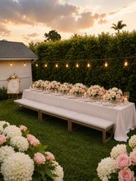Charming backyard sunset dinner — long white-tablecloth banquet with pink and white rose and hydrangea centerpieces, glowing string lights and candles, cushioned benches on a green lawn.