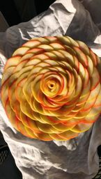Sunlit close-up of an apple-rose fruit carving — thin golden-yellow apple slices with red edges arranged in a spiral on white linen, food art