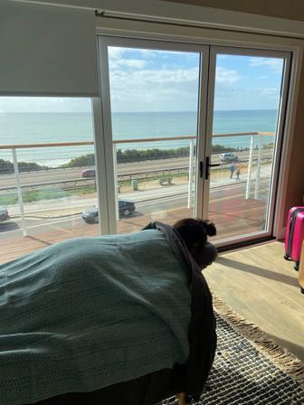 Person lying face down under a teal blanket on a massage table by sliding glass doors, overlooking an oceanfront balcony, coastal road and blue sea view