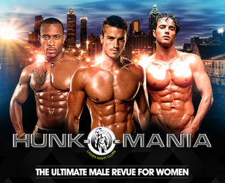 Three shirtless muscular male dancers posing in front of a glowing urban skyline at night — promotional nightclub poster for a ladies’ night male revue.