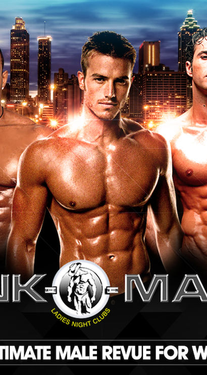 Promotional poster of three shirtless, muscular male performers posing in front of an illuminated urban skyline at dusk for a women’s nightclub male revue — energetic, sexy nightlife vibe.