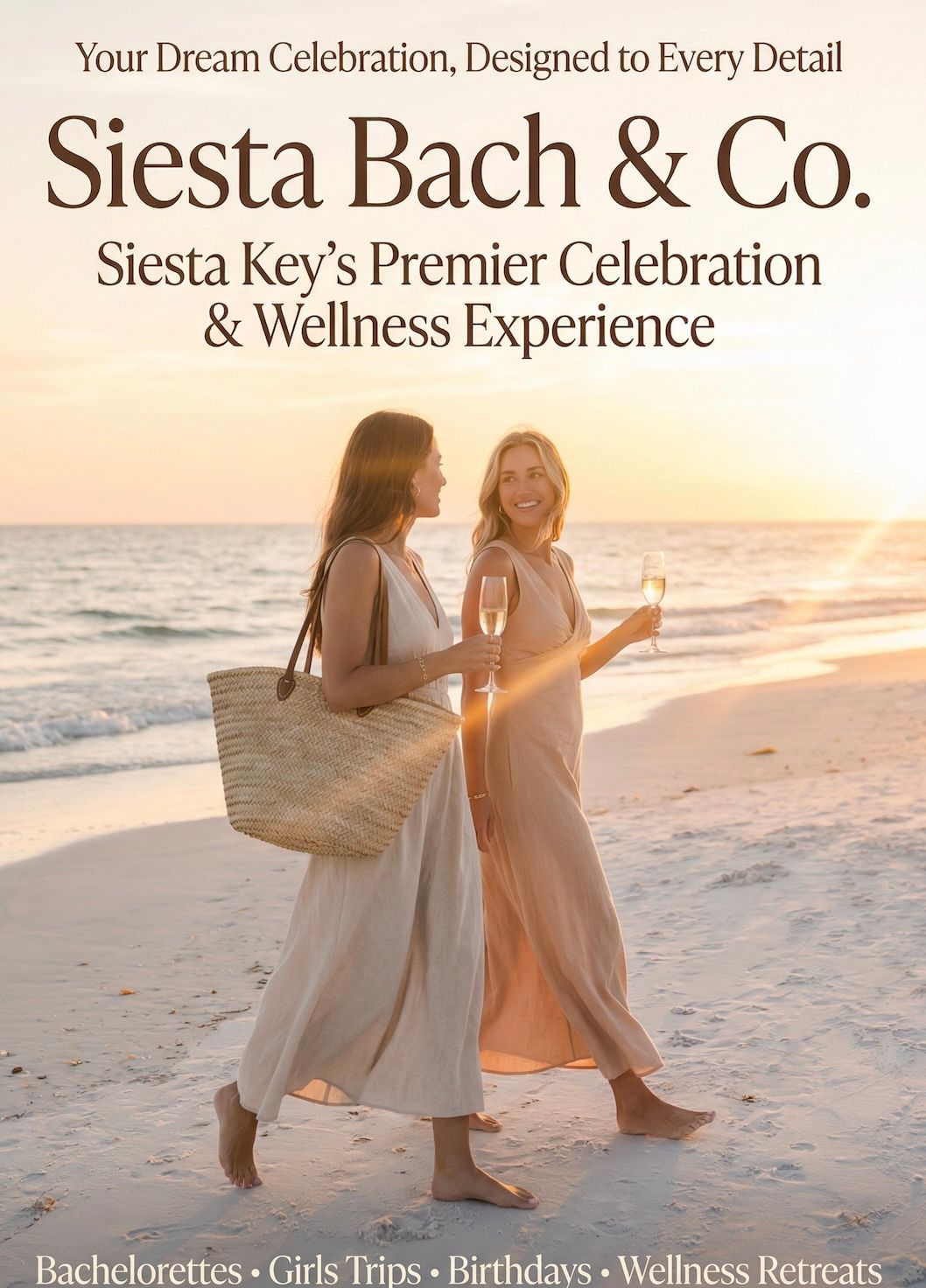 Two women in flowing dresses walk barefoot along a Siesta Key beach at sunset, smiling and holding champagne glasses for a relaxed bachelorette or girls-trip celebration.