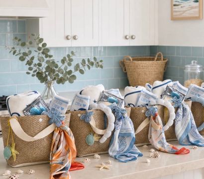 Coastal gift baskets: straw tote bags filled with blue-and-white towels, patterned silk scarves, shells and sea-themed charms arranged on a white kitchen island with a light blue subway tile backsplash.