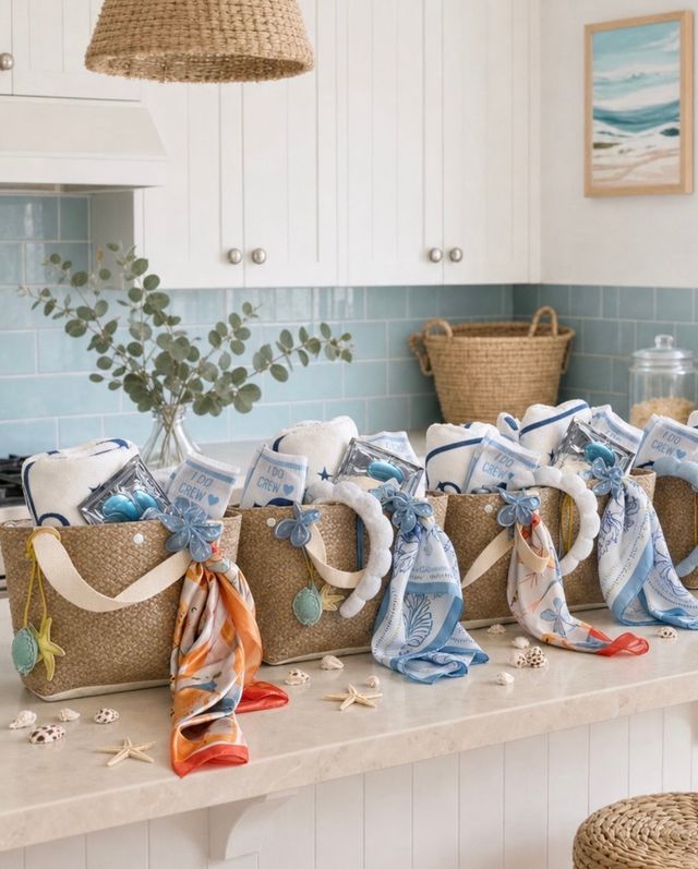 Coastal gift baskets: straw tote bags filled with blue-and-white towels, patterned silk scarves, shells and sea-themed charms arranged on a white kitchen island with a light blue subway tile backsplash.