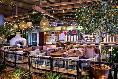 Cozy covered patio restaurant with plush lounge seating, round wood tables, bar counter with stools, wicker pendant lights, string lights, potted orange trees and a white fireplace.