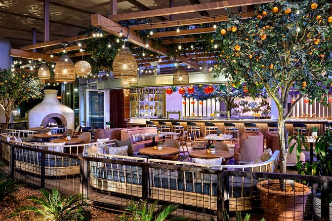 Cozy covered patio restaurant with plush lounge seating, round wood tables, bar counter with stools, wicker pendant lights, string lights, potted orange trees and a white fireplace.