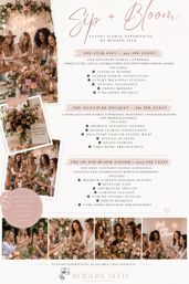 Elegant blush-pink flyer for a luxury floral workshop and bouquet classes, showing women arranging seasonal blooms and toasting with champagne, photo montage, package pricing, and suggested uses like bridal showers, girls' nights, and events.