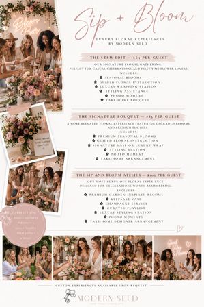 Elegant blush-pink flyer for a luxury floral workshop and bouquet classes, showing women arranging seasonal blooms and toasting with champagne, photo montage, package pricing, and suggested uses like bridal showers, girls' nights, and events.
