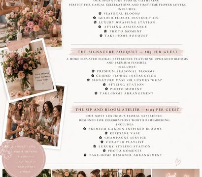 Elegant blush-pink flyer for a luxury floral workshop and bouquet classes, showing women arranging seasonal blooms and toasting with champagne, photo montage, package pricing, and suggested uses like bridal showers, girls' nights, and events.